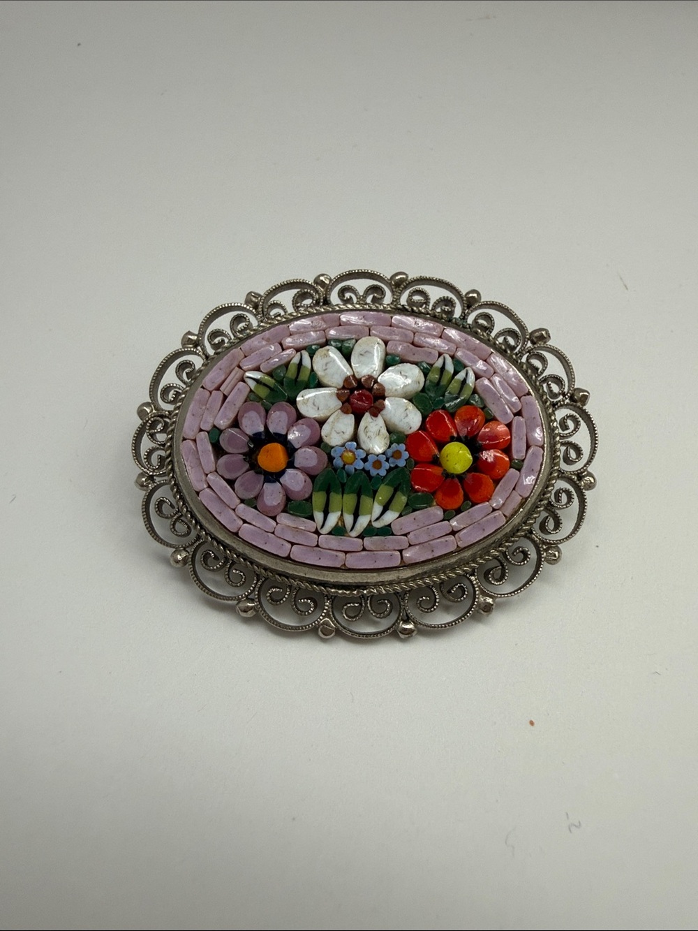 Vintage Floral Mosaic Oval Brooch - Pink Multicolor